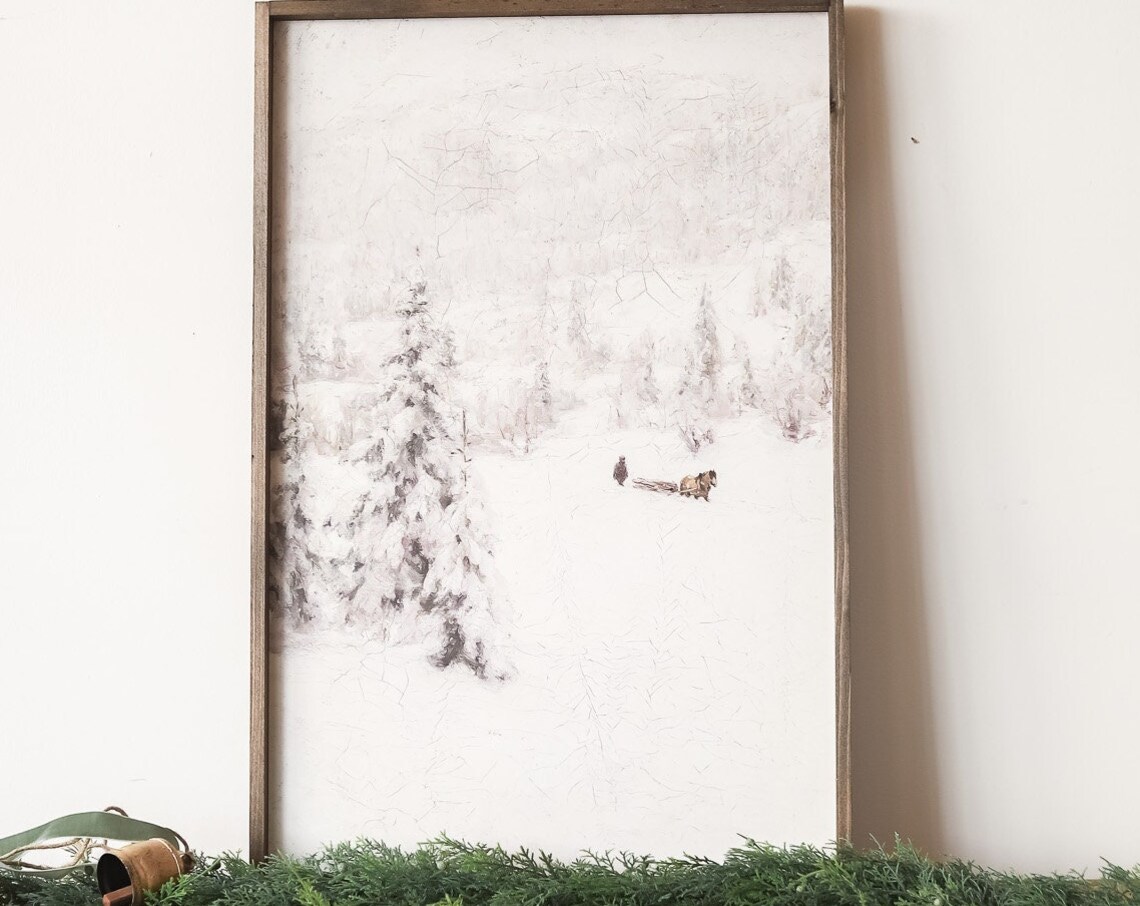Vintage Winter Landscape Horse Sleigh Snowy Pines Farmhouse Poster