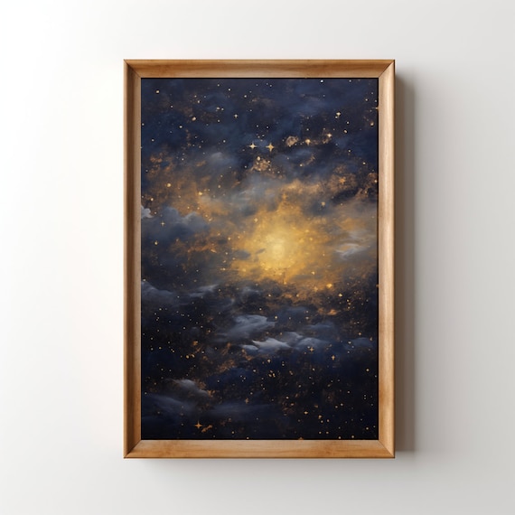 Celestial Night Sky Oil Painting Starry Night Sky Wall Art Dark Celestial Print Golden Moon Artwork Dark Academia Moody Decor