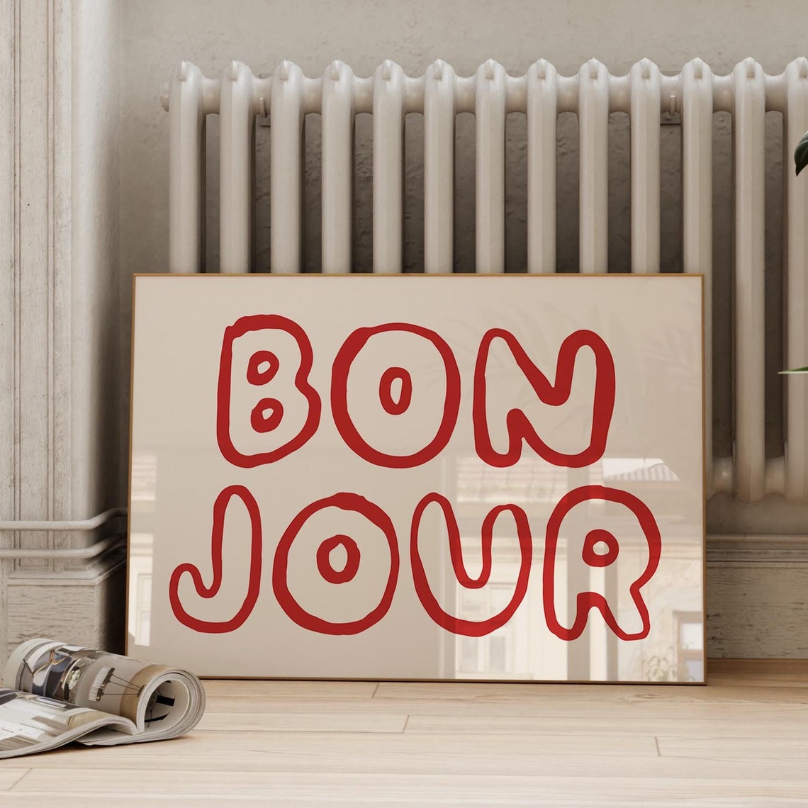 Bon Jour Red Bubble Letter French Greeting Parisian Word Poster