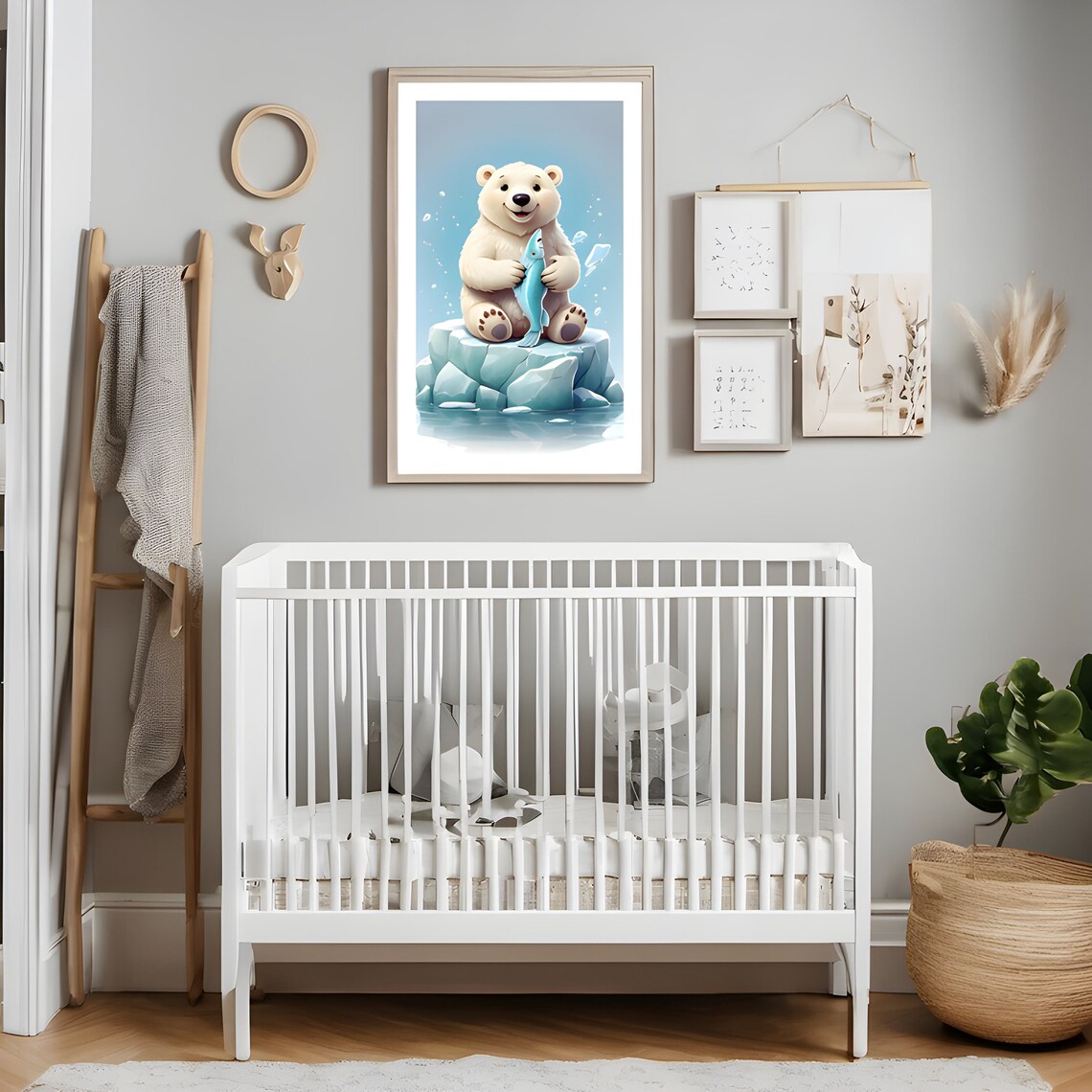 Polar Bear Cub With Fish, Wildlife Art Print - Image 2