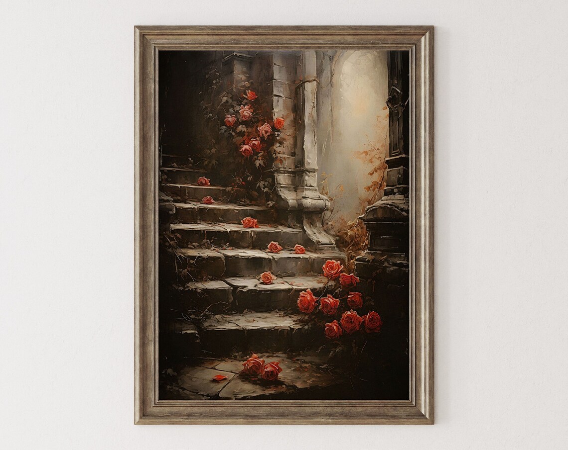 Red Roses on Dark Stone Stairs Moody Gothic Oil Painting Poster - Image 6