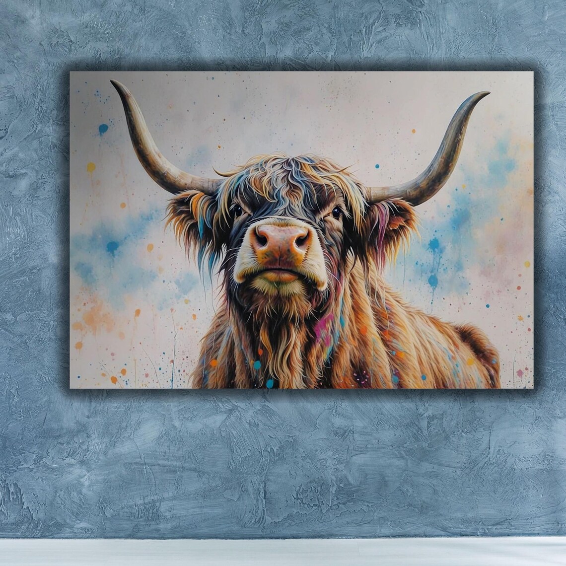 Highland Cow Watercolor Portrait With Colorful Paint Splashes Poster