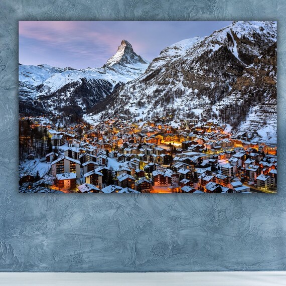 Mountain Poster Print Art Light Home At The Zermatt Of Switzerland Wall Art Landscpae Cityscape Art Snow Mountain Wall Decor