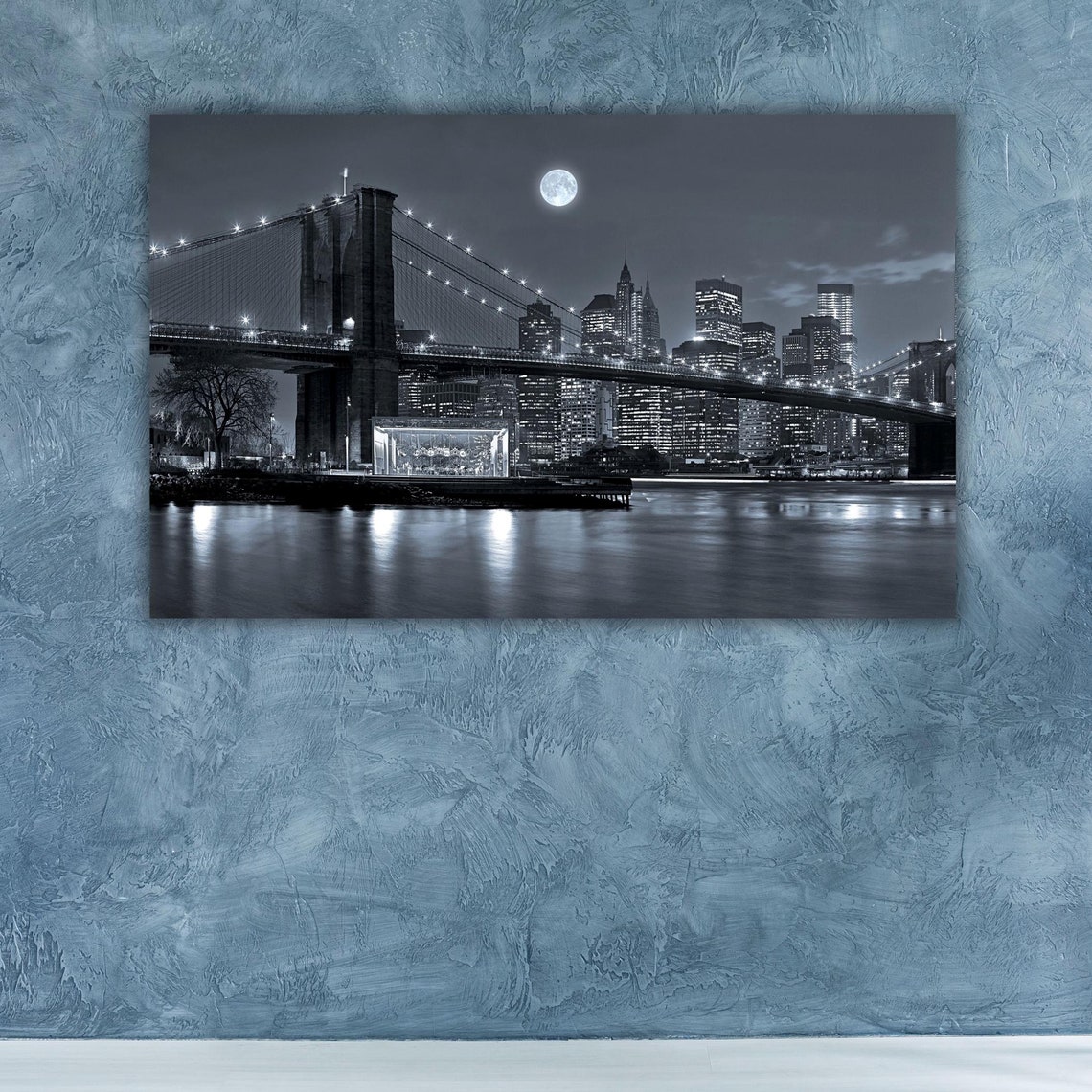 Brooklyn Bridge Night Full Moon Manhattan Skyline Black White Poster - Image 3