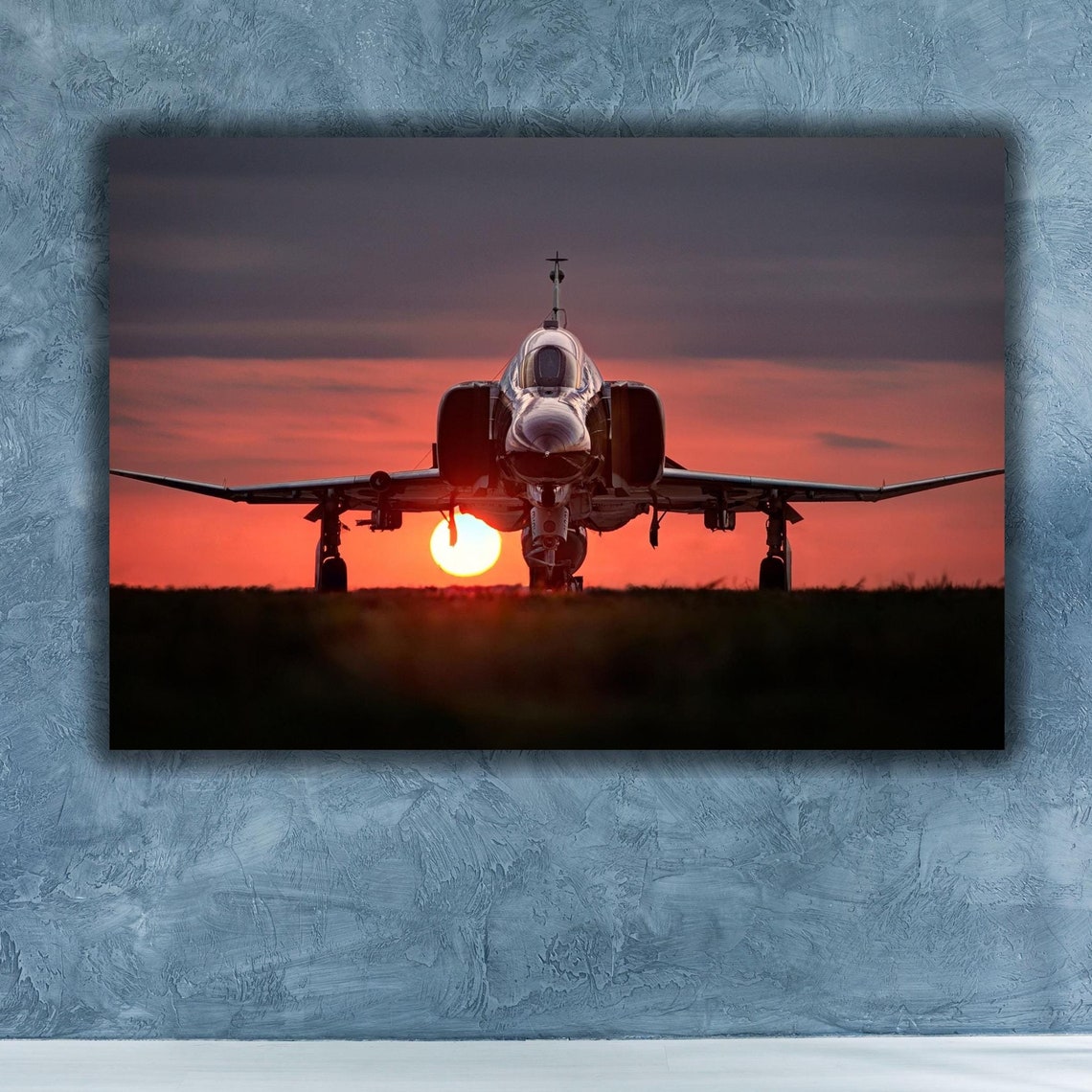 Fighter Jet Sunset Silhouette Head On Runway Aviation Photo Poster