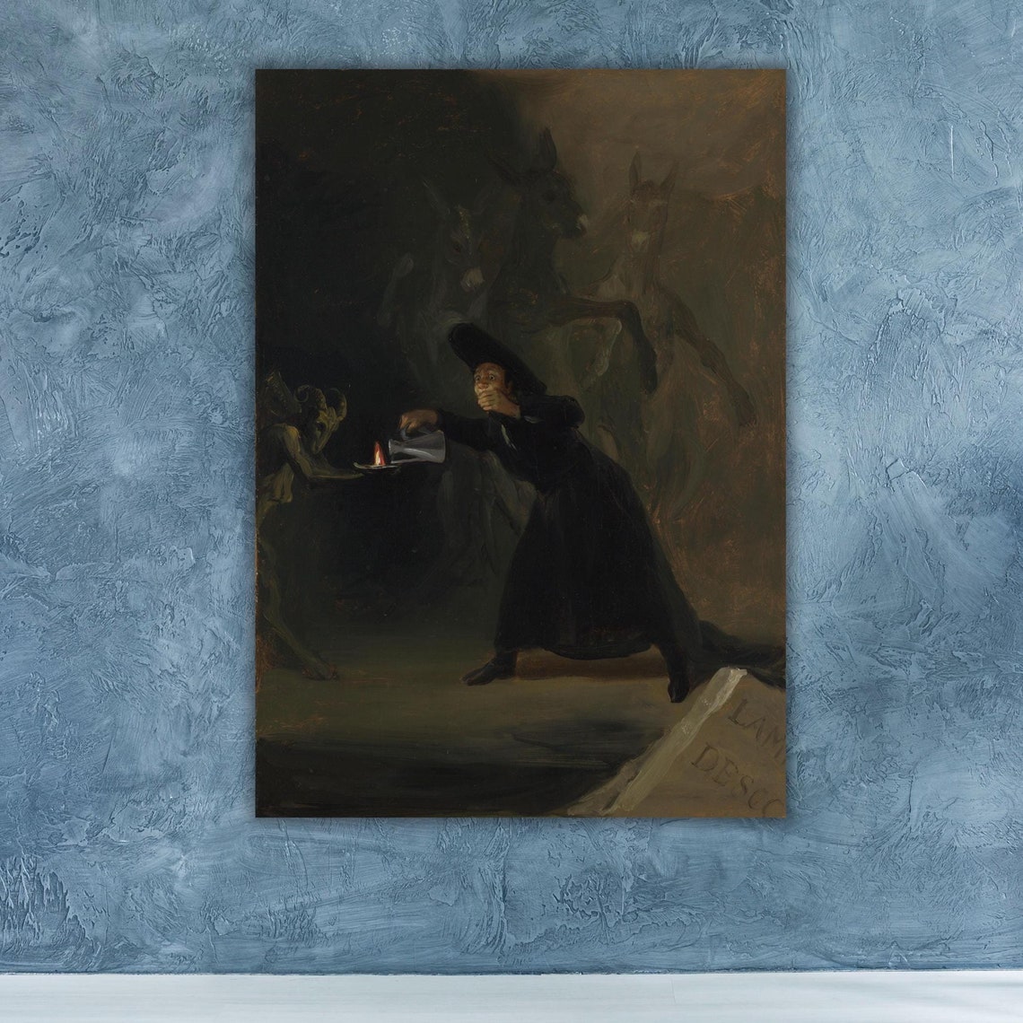 Terrified Man Holding Lamp Fleeing Dark Demons Gothic Painting Poster