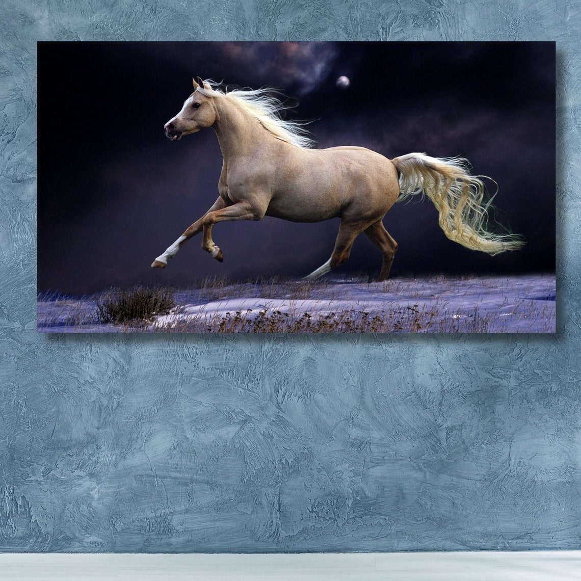 Palomino Horse Galloping Moonlit Snow Dramatic Equine Night Poster