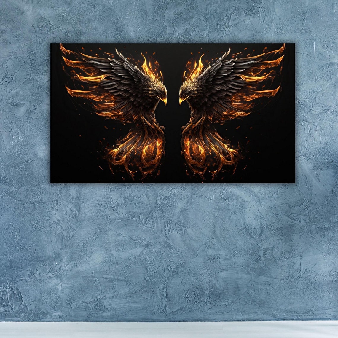 Twin Phoenix Rising Fire Flames Mirrored Mythical Bird Fantasy Poster