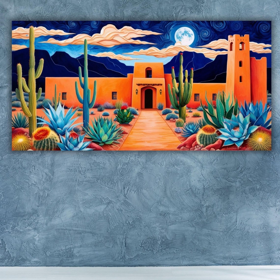 Southwest Desert Night Adobe Mission Saguaro Cactus Moonlight Poster