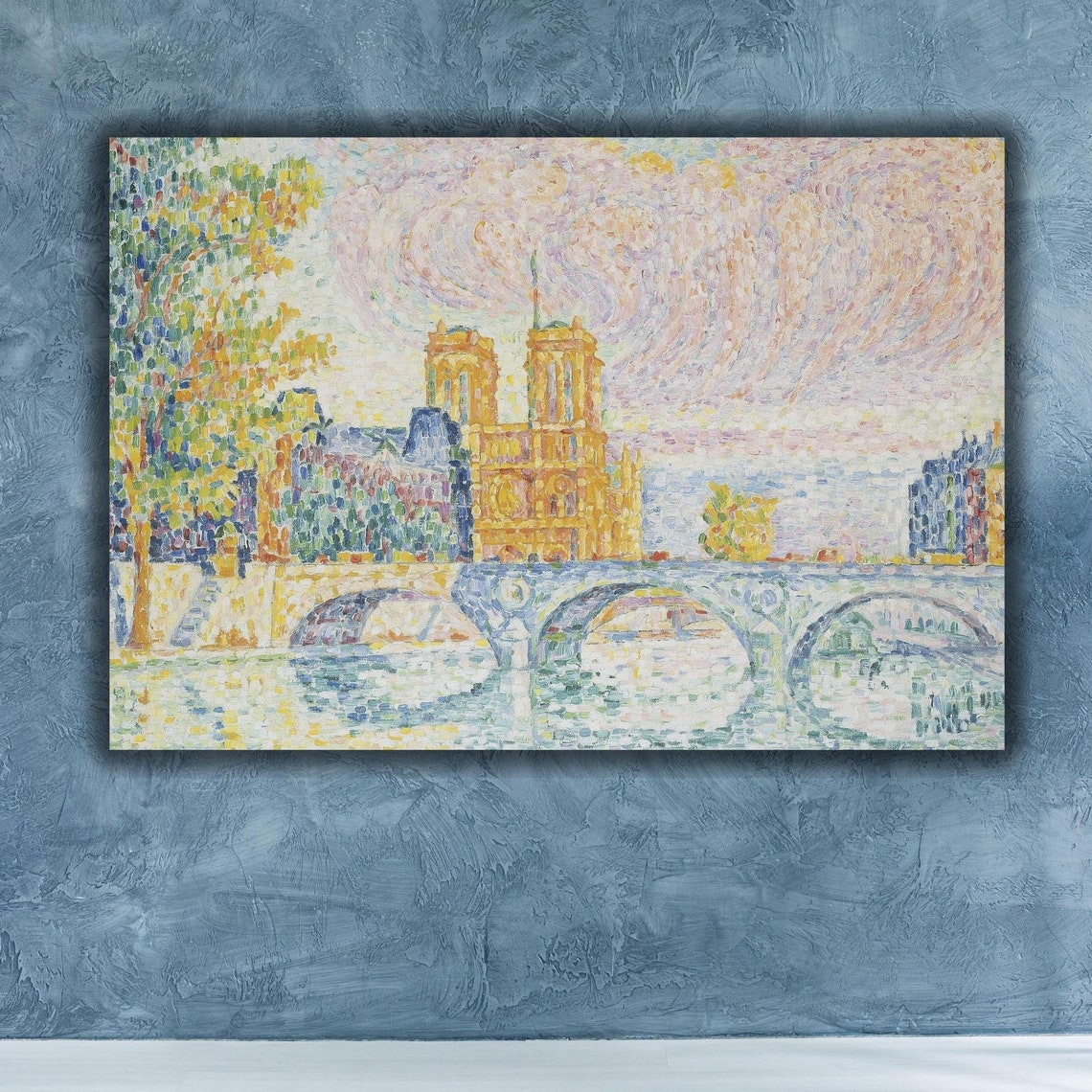 Notre Dame Cathedral Paris Pointillist Seine Bridge Art Poster
