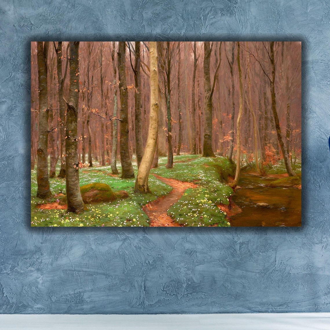 Spring Forest Path Painting Tall Trees Winding Trail Stream Poster