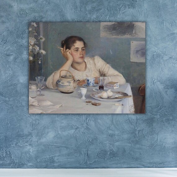 Contemplative Woman Smoking at Tea Table Impressionist Portrait Poster