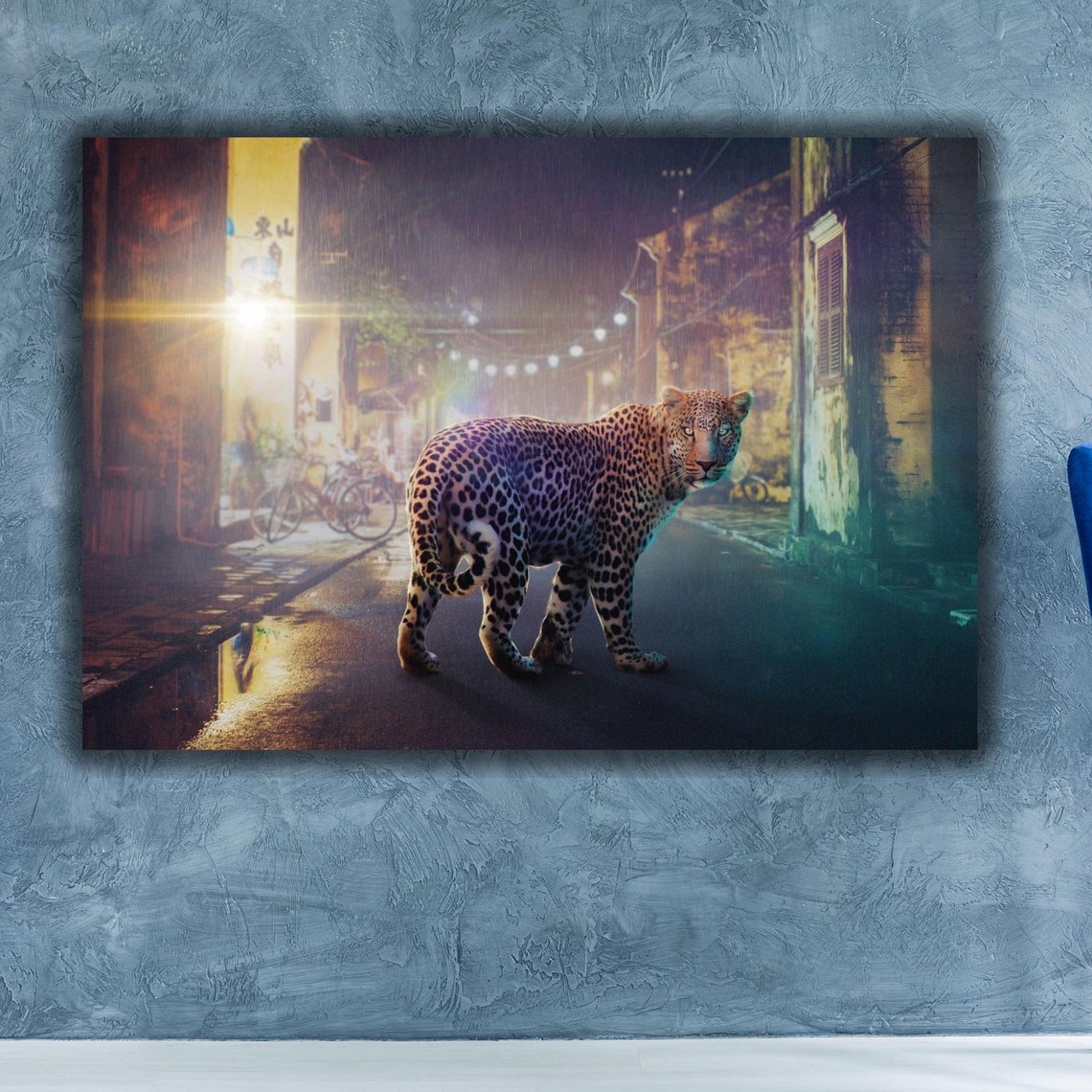 Leopard Walking Rainy Night Street Neon Lights Wildlife Photo Poster - Image 3