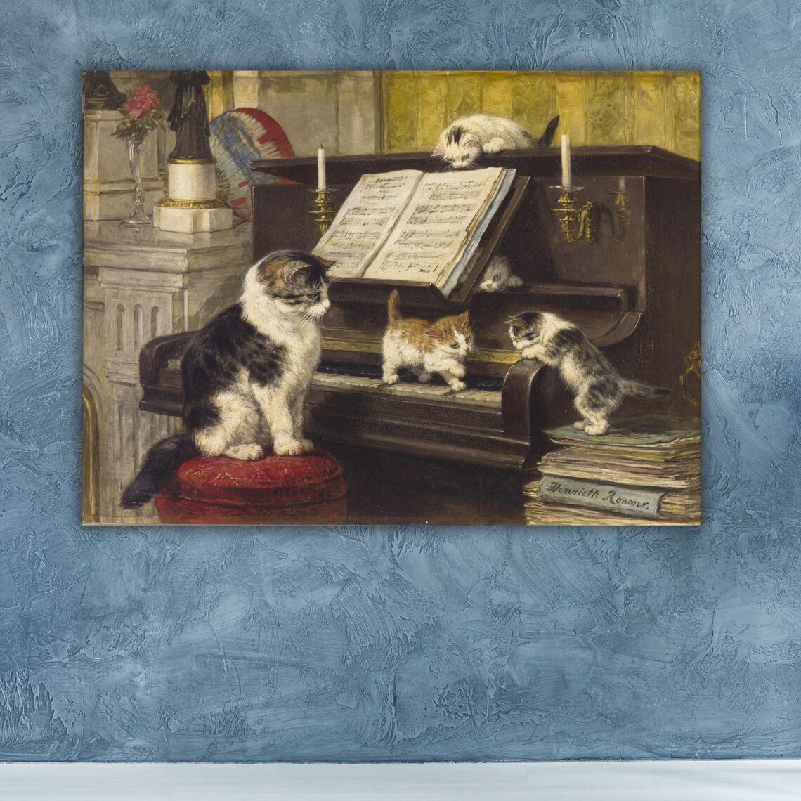 Henriette Ronner Kittens Playing Piano Victorian Cat Painting Poster