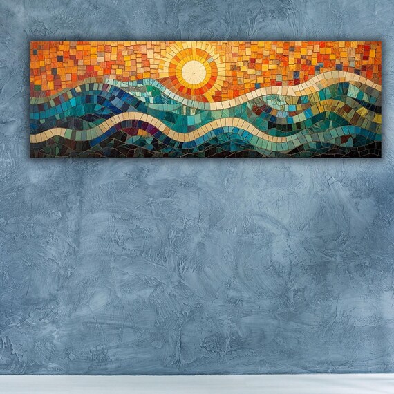 Mosaic Sunset Over Ocean Waves Panoramic Teal Orange Tile Art Style Poster