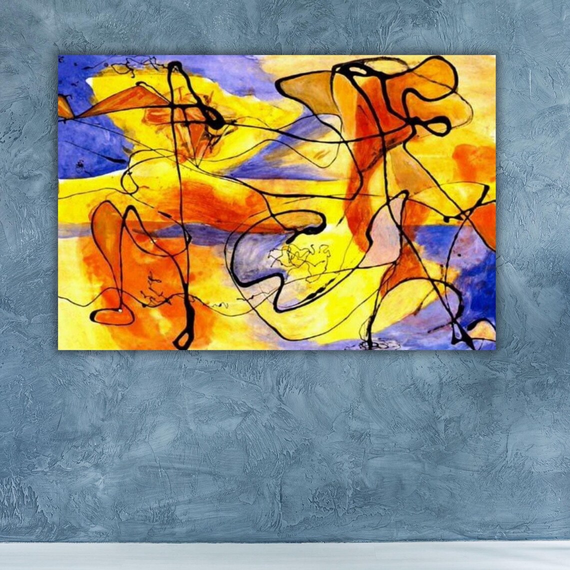 Colorful Abstract Line Art Yellow Orange Blue Modern Painting Poster