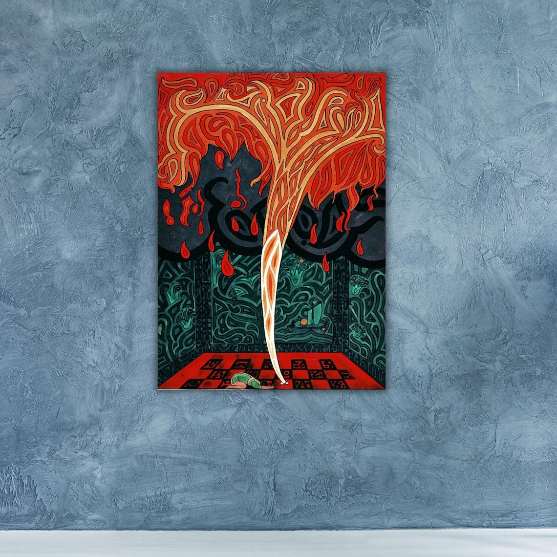 Surreal Flaming Tree Erupting Through Checkered Floor Fantasy Poster - Image 3