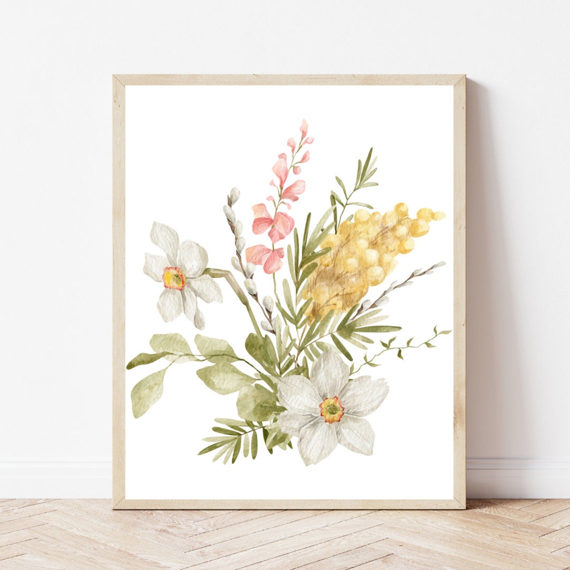 Watercolor Spring Flower Bouquet Daisy Blossom Farmhouse Poster