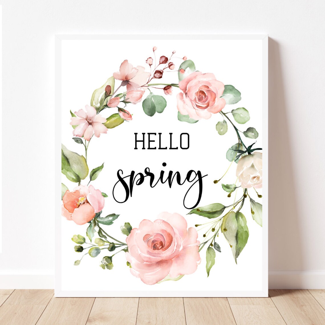 Hello Spring Pink Roses, Farmhouse Floral Art Print