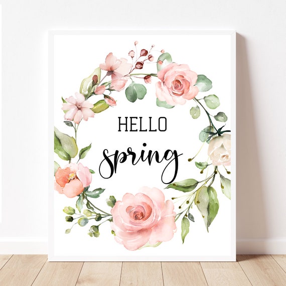 Hello Spring Pink Roses, Farmhouse Floral Art Print