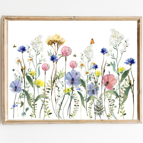 Colorful Watercolor Wildflower Meadow Bouquet Framed Art Poster