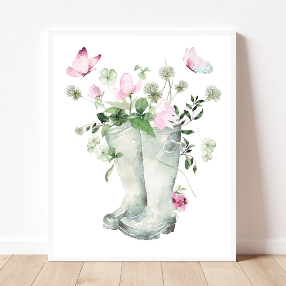 Watercolor Rain Boots Clover Flowers Butterfly Spring Poster