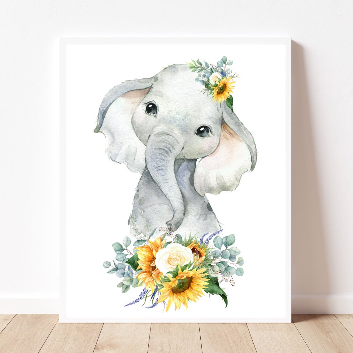 Baby Elephant Watercolor Nursery Print Art With Sunflower Crown