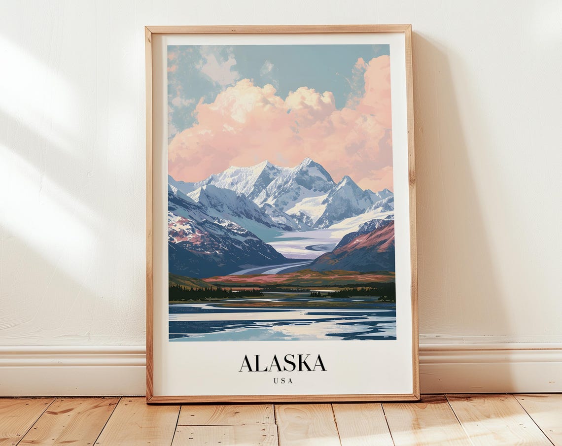 Alaska USA Snowy Mountain Peaks Glacier Retro Nature Travel Poster