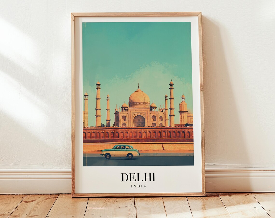 Delhi India Taj Mahal Vintage Car Warm Retro Minimalist Travel Poster