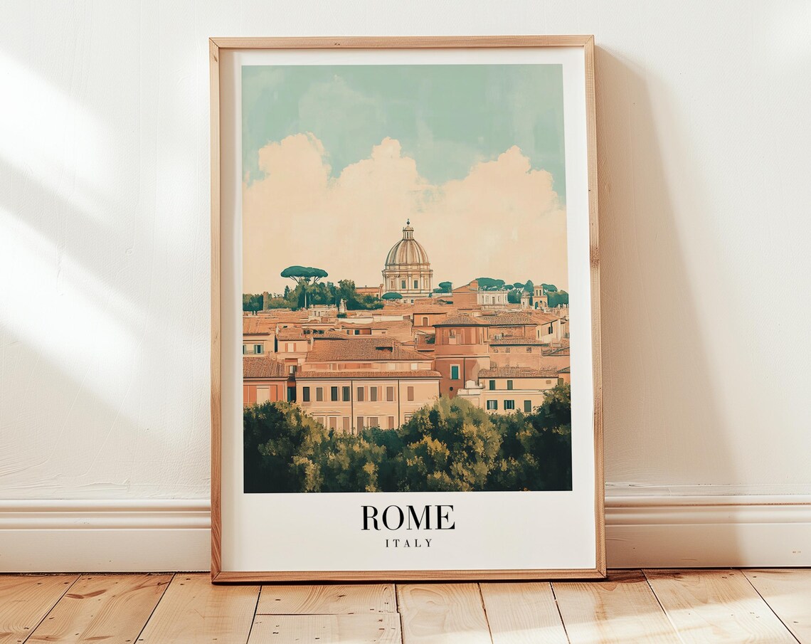 Rome Italy Rooftops Dome Sunset Minimalist Vintage Travel Poster