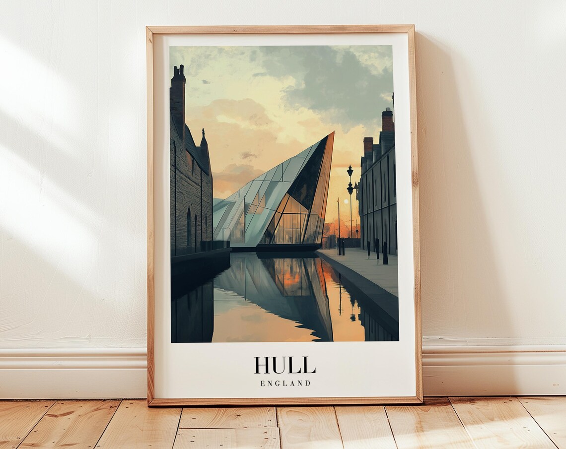 Hull England Glass Bridge Sunset Dreamy Watercolor Travel Poster