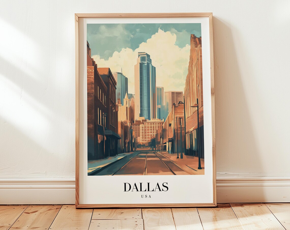 Dallas Texas Downtown Street Skyscrapers Vintage Travel Poster Art