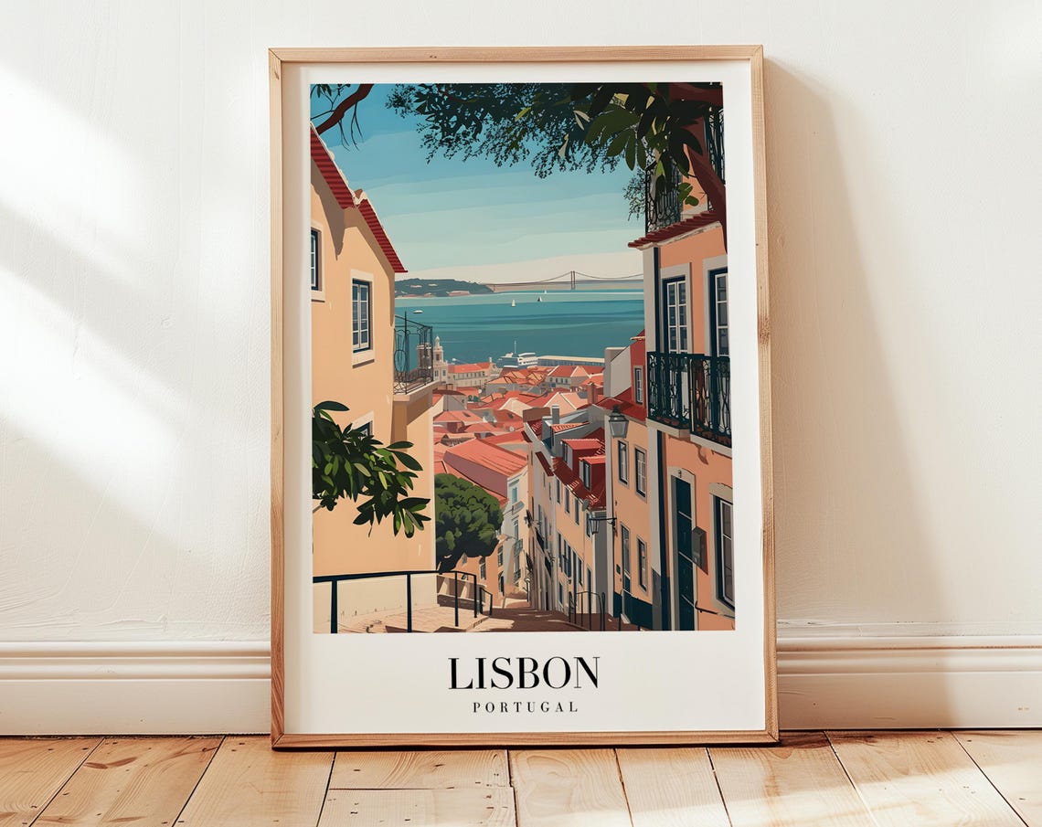 Lisbon Portugal Hillside Street River Bridge View Travel Poster