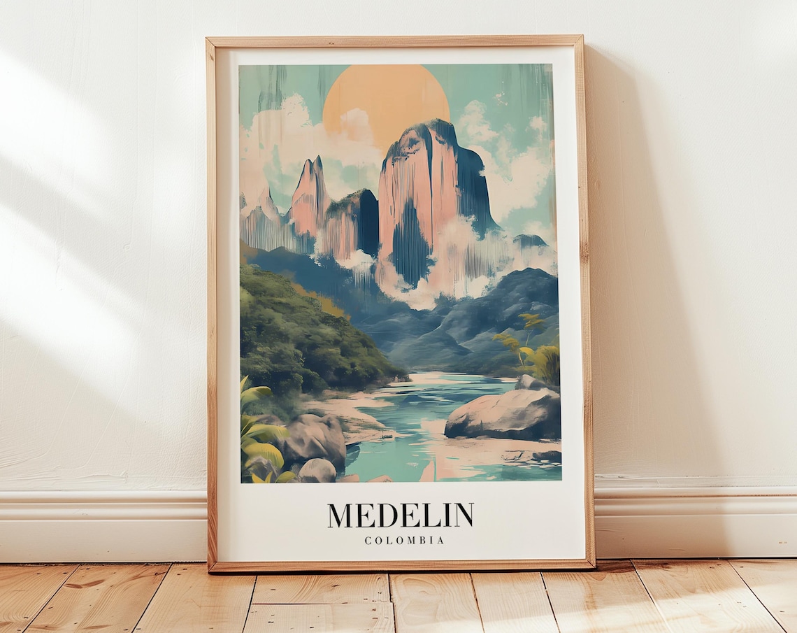 Medellin Colombia Giant Rock Monolith River Vintage Travel Poster