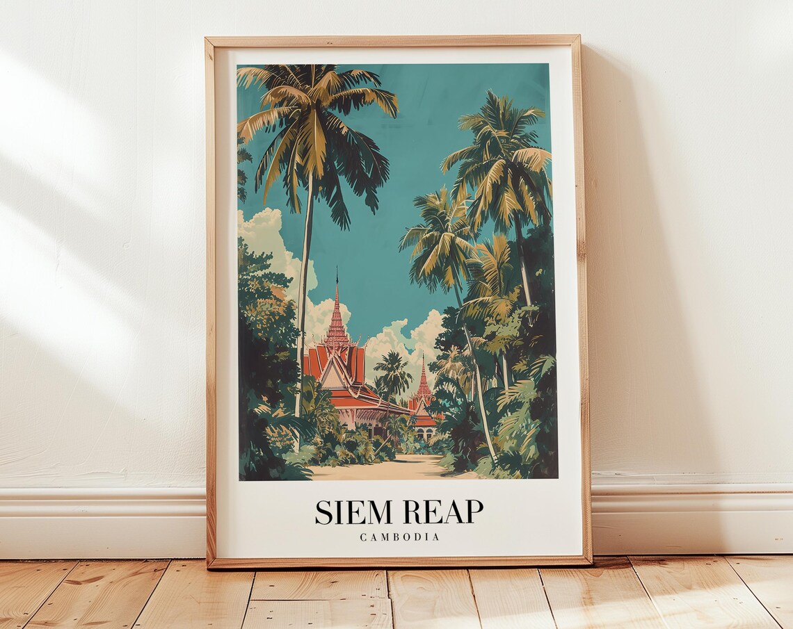 Siem Reap Cambodia Temple Palms Jungle Vintage Travel Poster