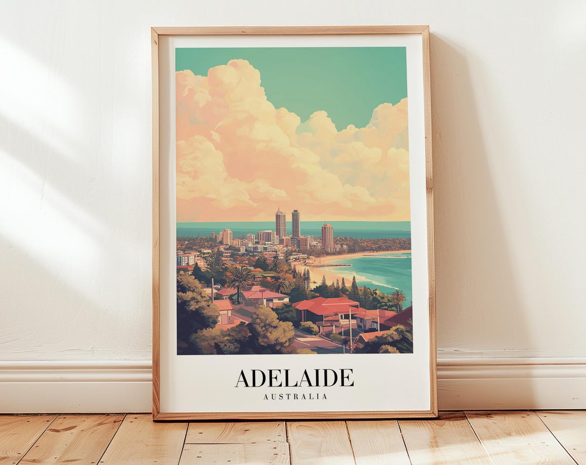 Adelaide Australia Coastal Skyline Sunset Cloud Beach Travel Poster