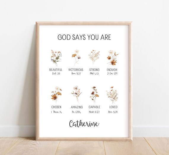 God Says You Are Enough Christian Gift Bible Verse Wall Art Scripture Print Custom Name Personalized Watercolor Wildflowers