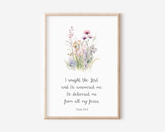 Psalm 34:4 I Sought The Lord Watercolor Wildflowers Scripture Poster