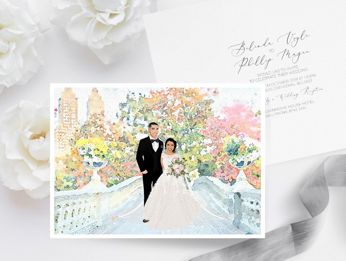 Custom Watercolor Couple Portrait Spring Blossom Wedding Wall Art - Image 2
