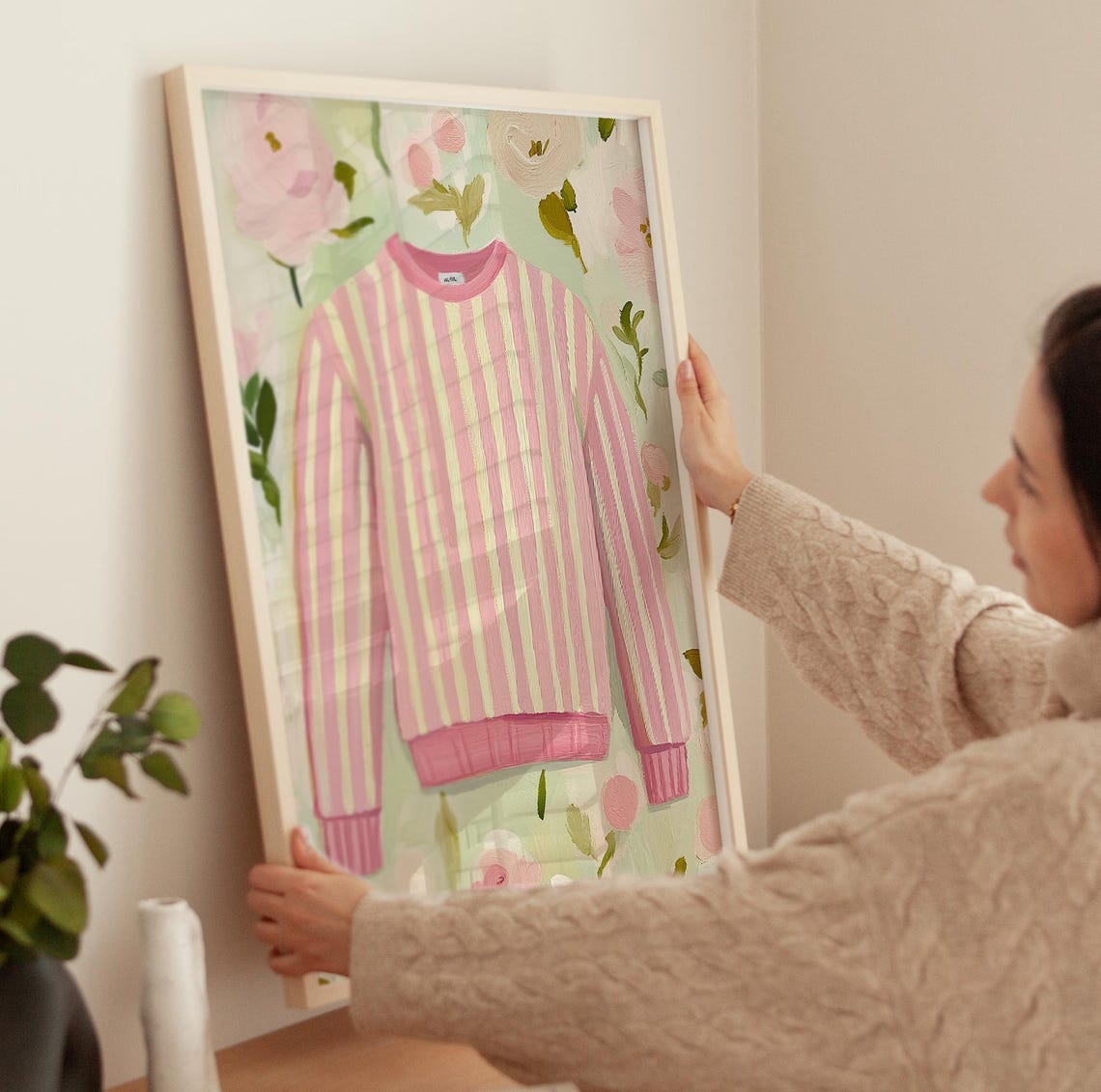 Pink Striped Sweater On Floral Background Fall Fashion Art Poster - Image 3
