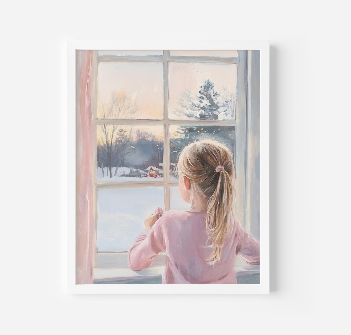 Girl Gazing Out Window At Snowy Winter Landscape Soft Art Poster