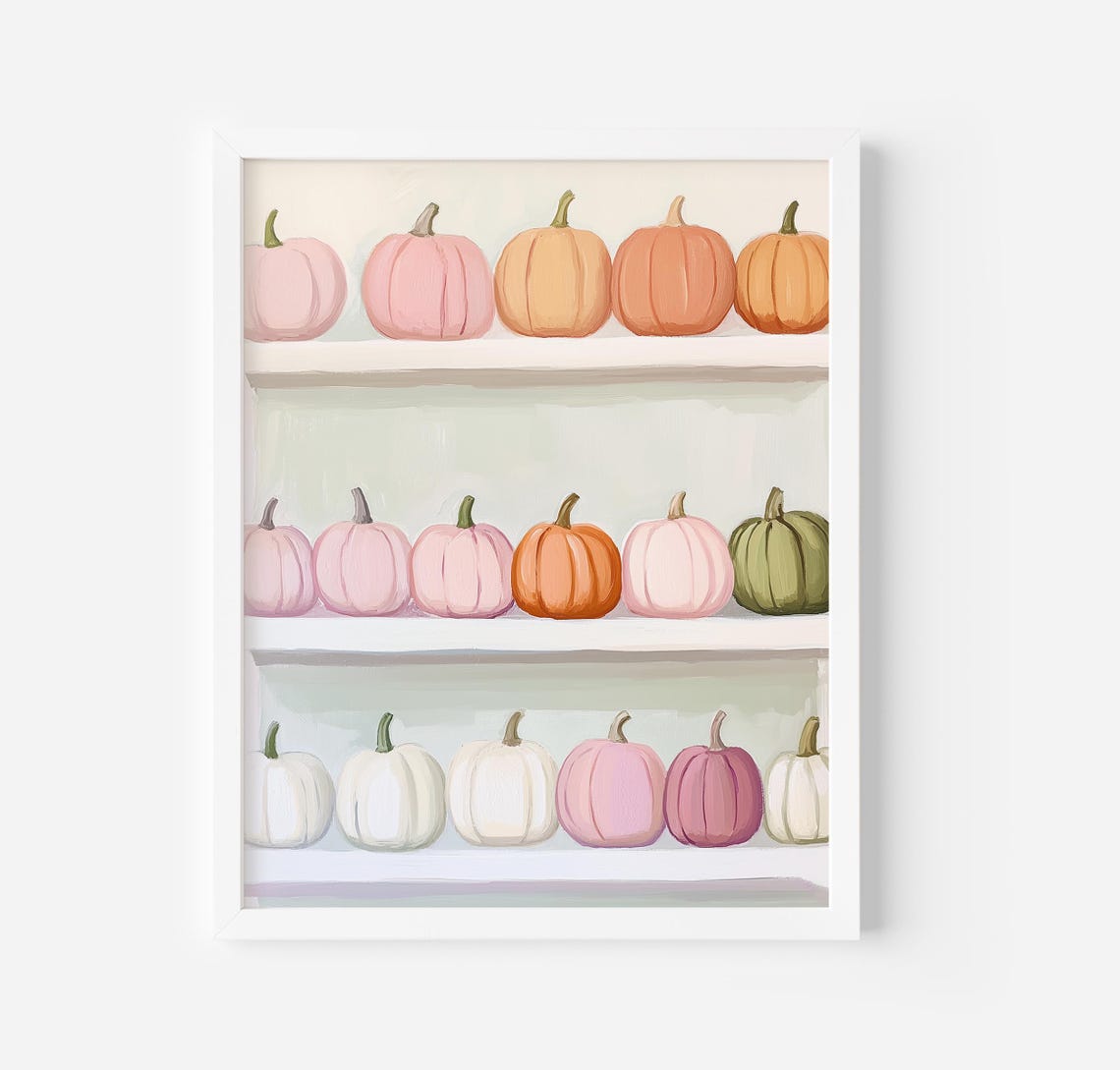 Pastel Pumpkins In Rows On White Shelves Fall Decor Art Poster