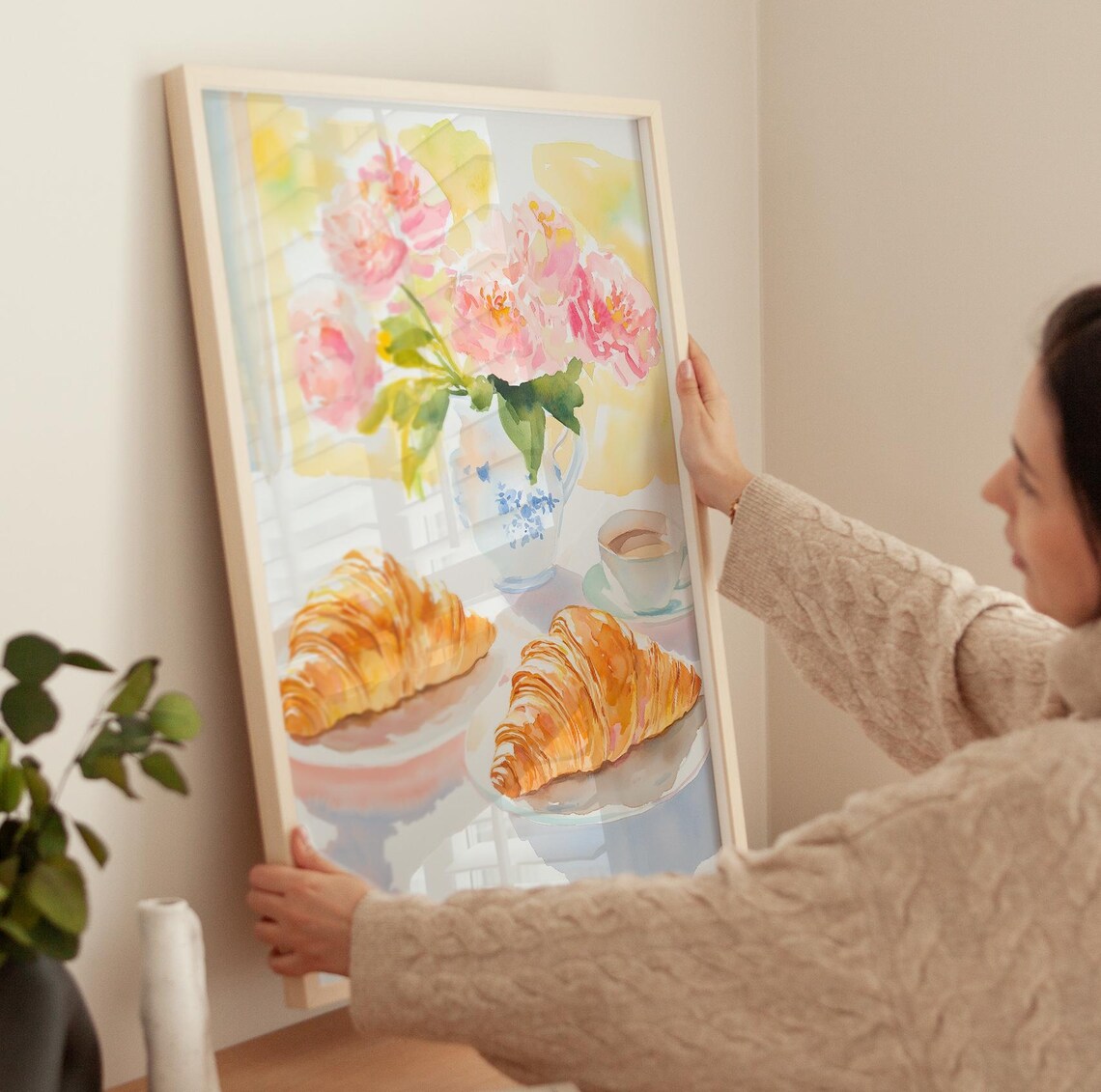 Croissants Coffee and Pink Peonies French Breakfast Watercolor Poster - Image 3
