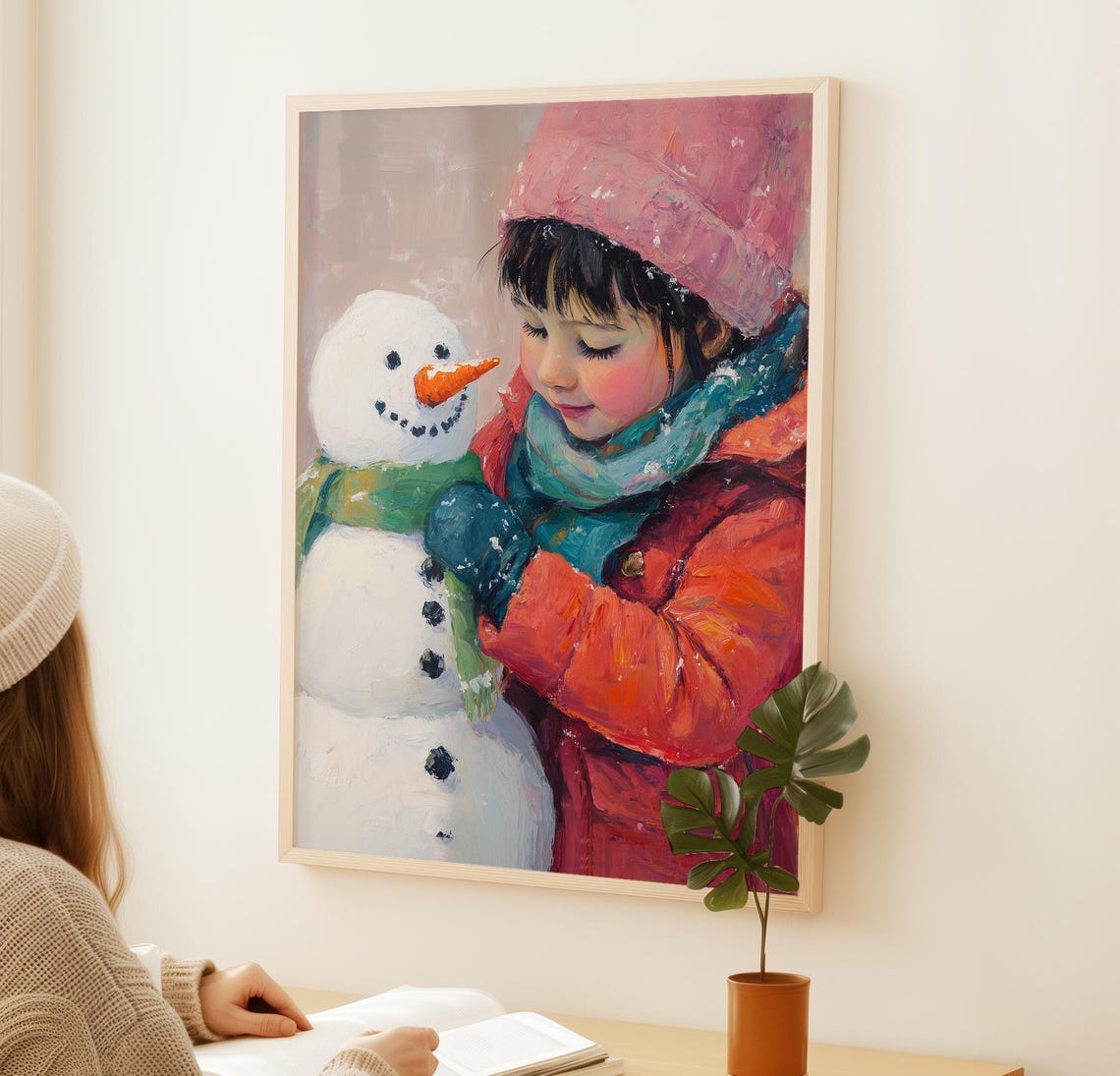 Little Girl In A Pink Hat Tenderly Hugging Her Snowman Winter Poster - Image 3