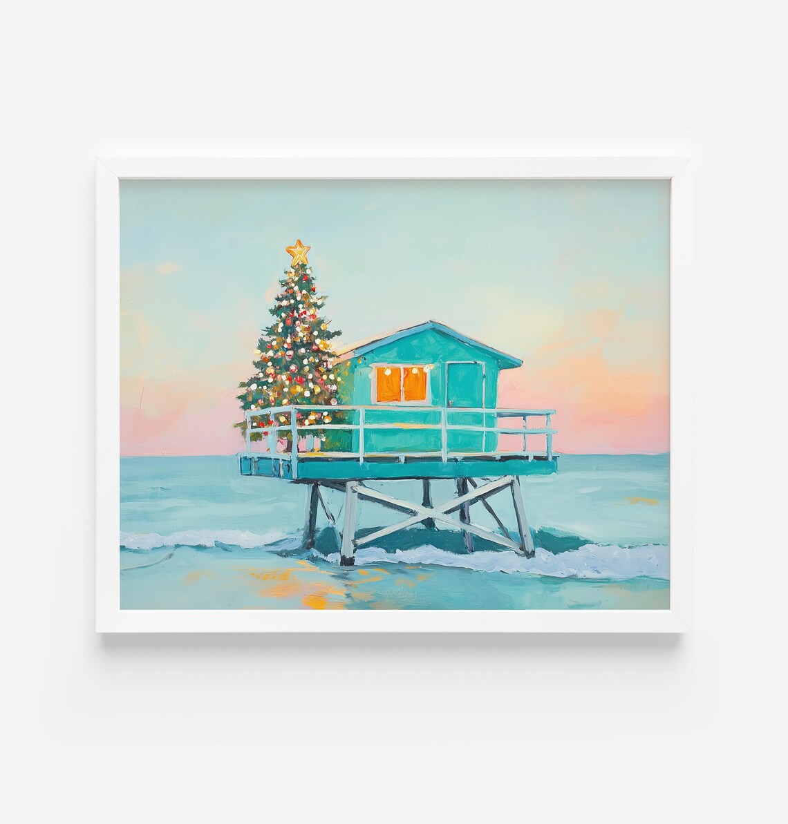 Christmas Lifeguard Shed Coastal Holiday Art Print