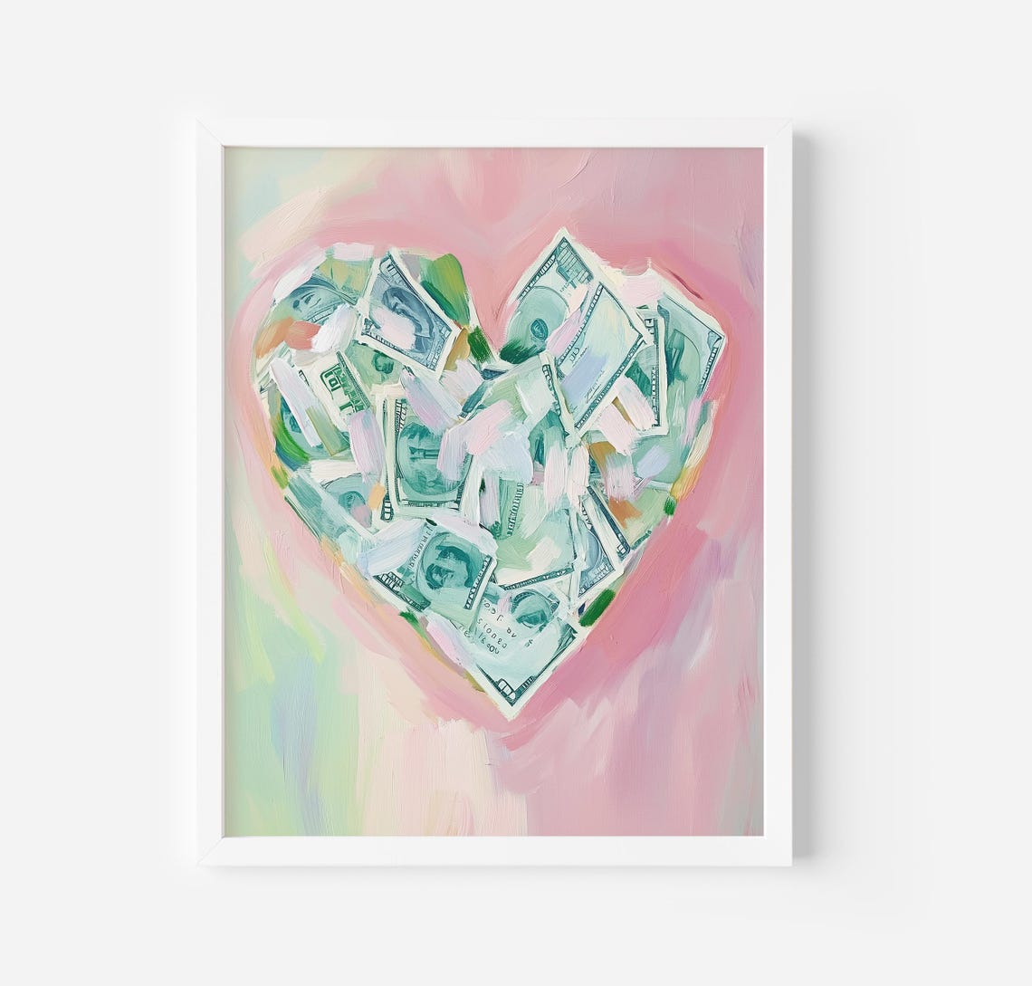 Heart Made Of Scattered Dollar Bills On Pastel Pink Background Poster