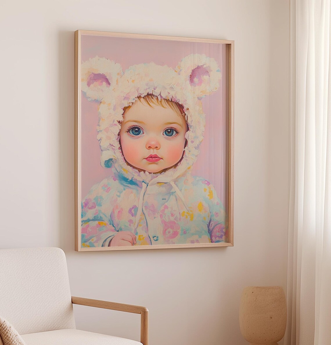 Baby in Fluffy Bear Ears Hood Pastel Floral Portrait Nursery Poster - Image 2