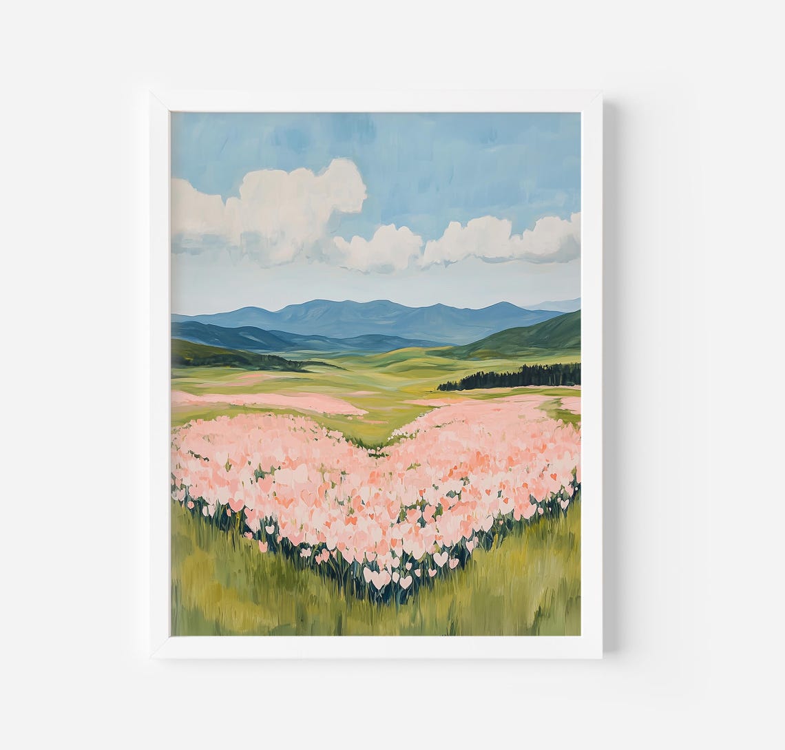 Pink Heart Flower Field With Mountain Valley View Art Poster