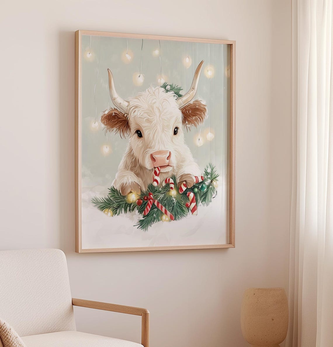 Highland Cow Christmas Art Print Farmhouse Holiday Wall Art Cute Cow Holiday Decor Cozy Winter Cow Print Still Life Art - Image 2
