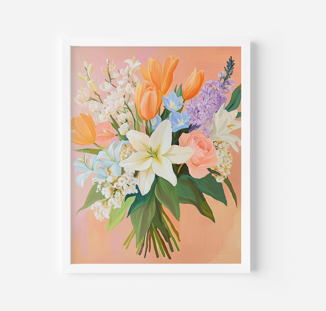 Spring Pastel Bouquet Tulips Lilies Hyacinth Soft Floral Wall Poster